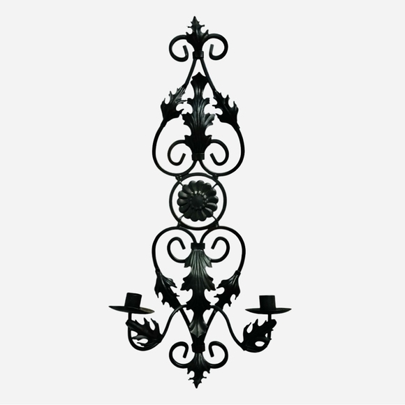 Elegant Black Metal Wall Sconce Scroll Pillar Candles Holder Wall Hanging Decor - Picture 2 of 5
